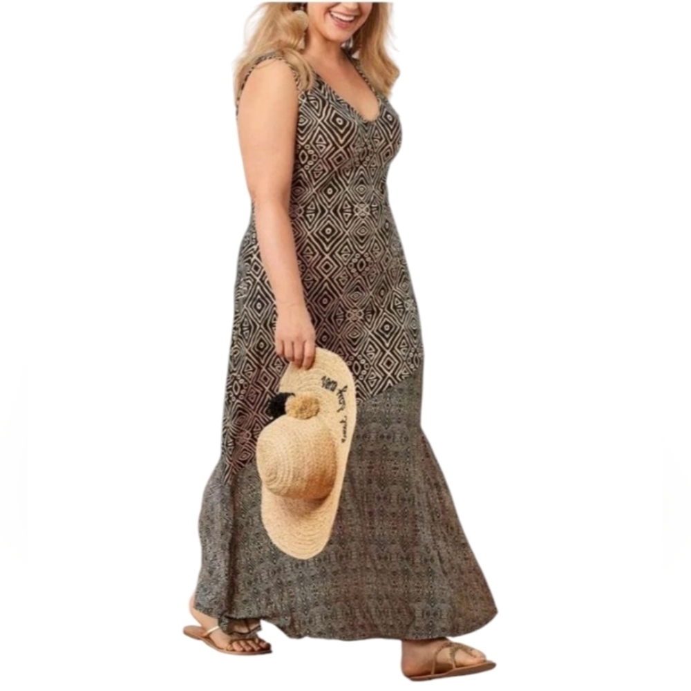 Soft Surroundings Tulum Aztec Tank Maxi Dress Brown &‎ Tan Jersey Knit Size 3X